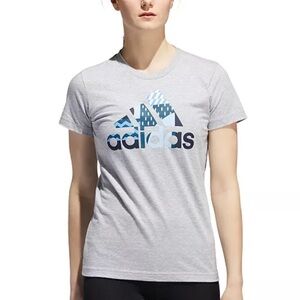 Adidas Soft Heather Gray Graphic Logo Tee with Blue Logo